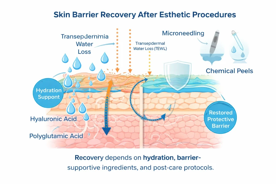 Skin barrier recovery after esthetic procedures showing hydration and TEWL control