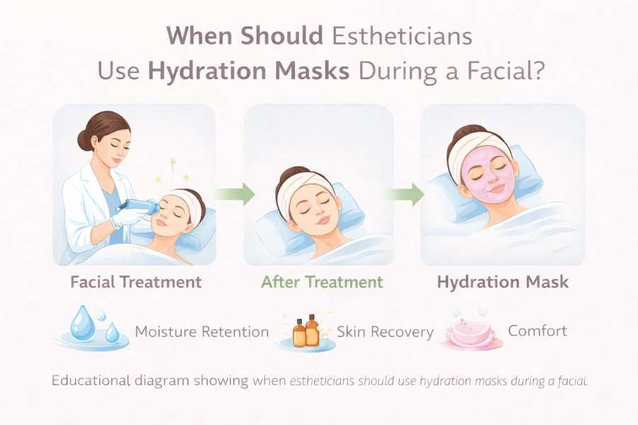 Esthetician assessing client skin in a clinical treatment room to determine the appropriate hydration mask protocol
