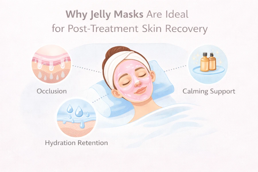 Professional skincare recovery diagram showing jelly mask occlusion, hydration retention, and calming support after facial treatments