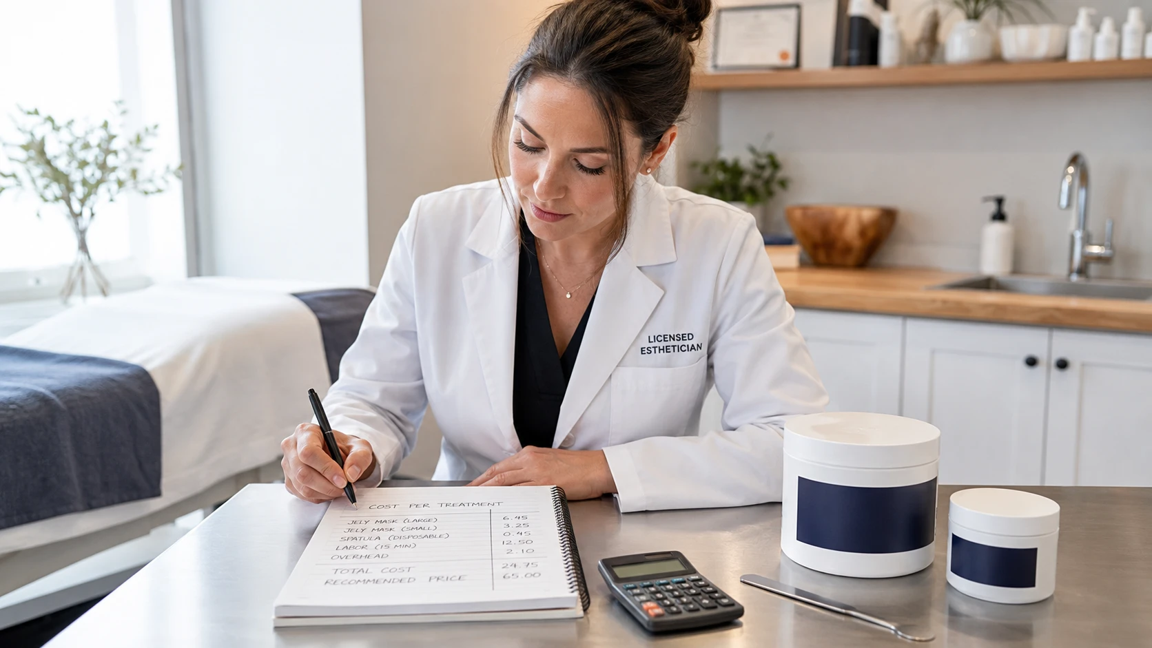 Professional esthetician calculating cost-per-treatment economics for jelly mask brand selection at a clinical treatment room workstation