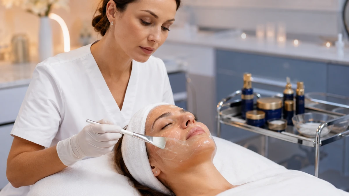Professional esthetician evaluating jelly mask brands in a clinical treatment room environment