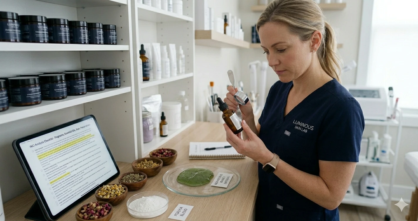 Professional esthetician reviewing an INCI ingredient list before selecting a clean jelly mask formulation for treatment room use