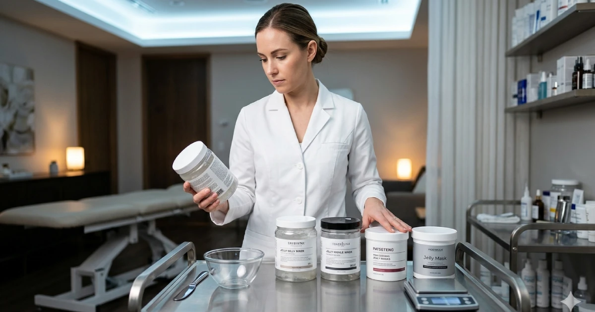 Professional esthetician comparing professional jelly mask formulations at a treatment room supply station