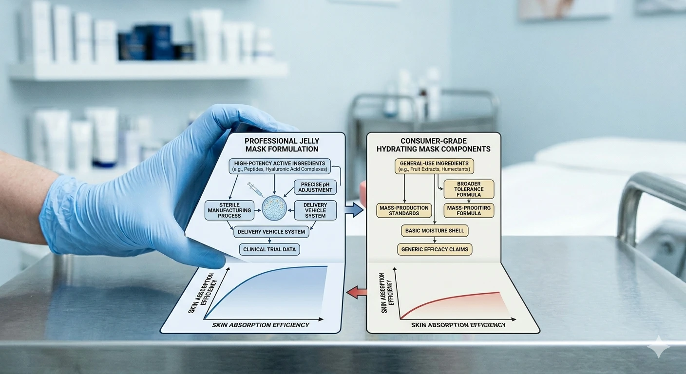 Side-by-side comparison of a professional jelly mask brand versus a consumer Amazon alternative in a treatment room evaluation context