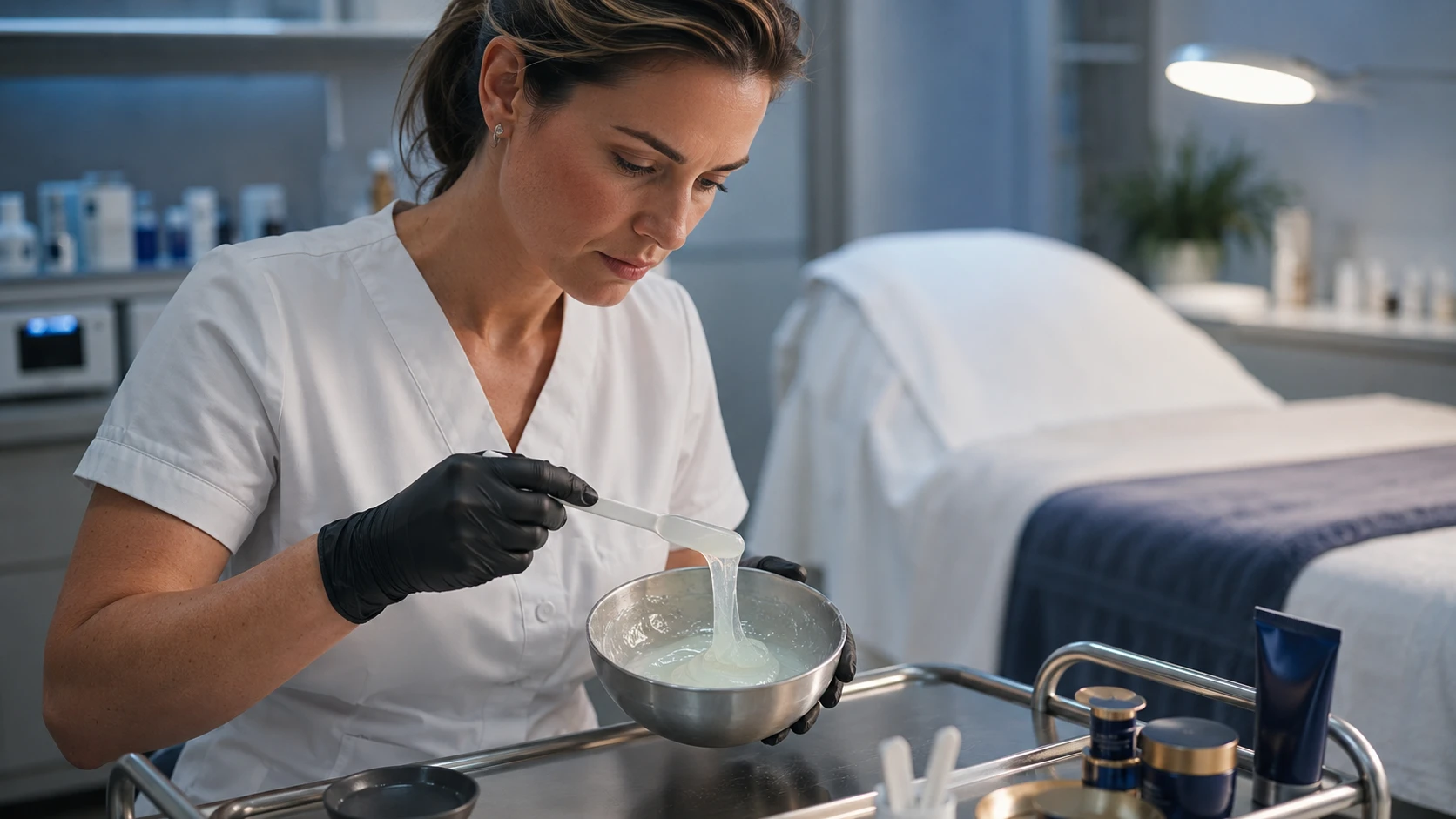 Professional esthetician evaluating the texture and consistency of a freshly mixed jelly mask in a clinical treatment room environment