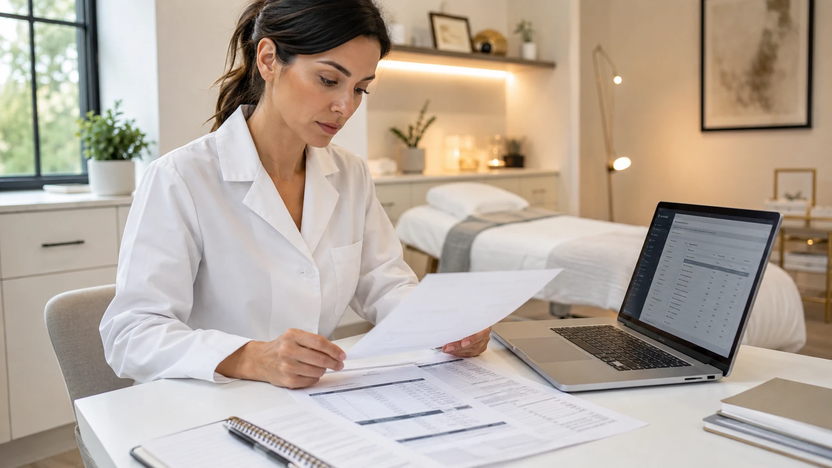 Professional esthetician reviewing wholesale jelly mask supply options and pricing documentation in a treatment room office setting