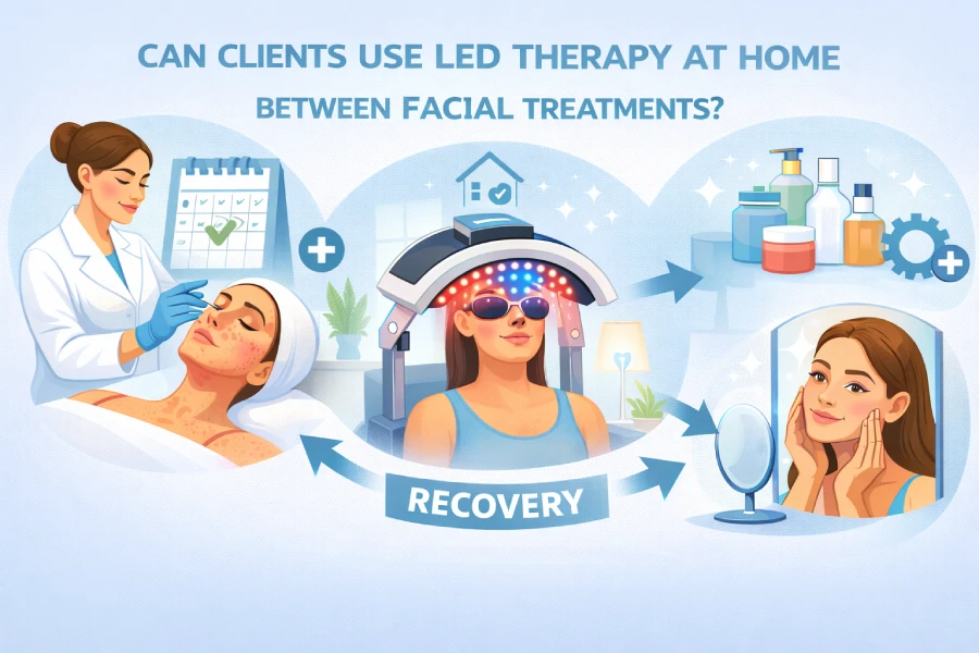 Clients using LED therapy at home between facial treatments to support ongoing maintenance and professional skincare consistency