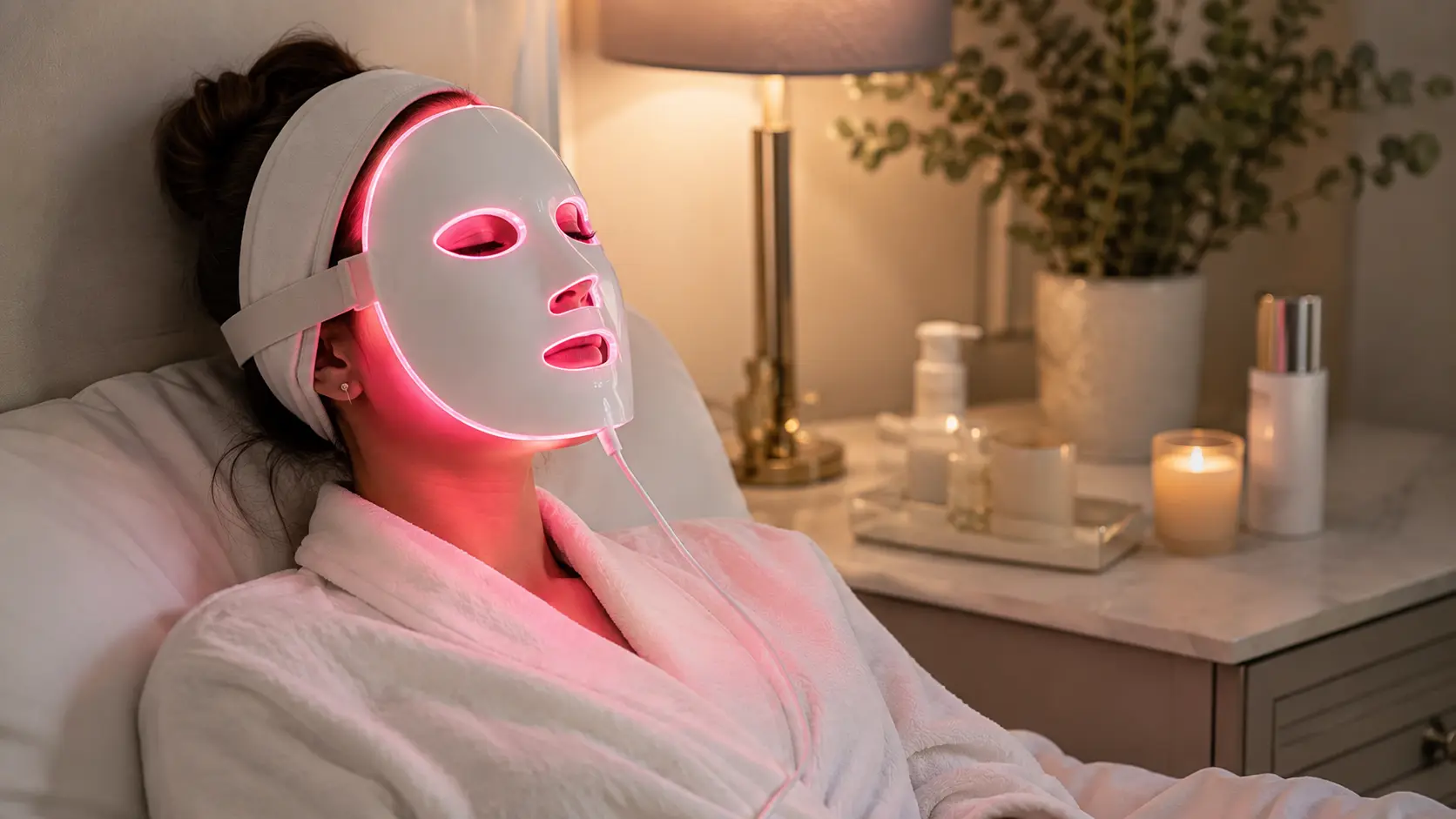 Client using a professional-grade at-home LED therapy device between facial appointments in a relaxed home environment