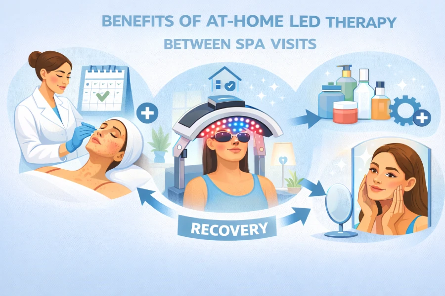 Benefits of at-home LED therapy between spa visits showing ongoing maintenance, treatment consistency, and home skincare support