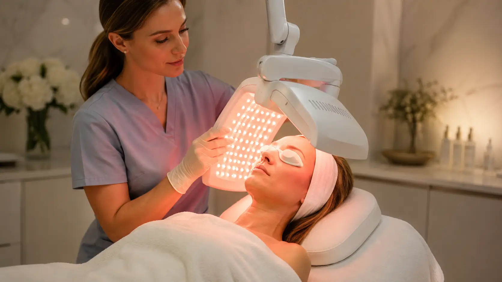 Professional LED panel delivering multi-wavelength red and near-infrared light therapy for skin rejuvenation in a clinical esthetic treatment room
