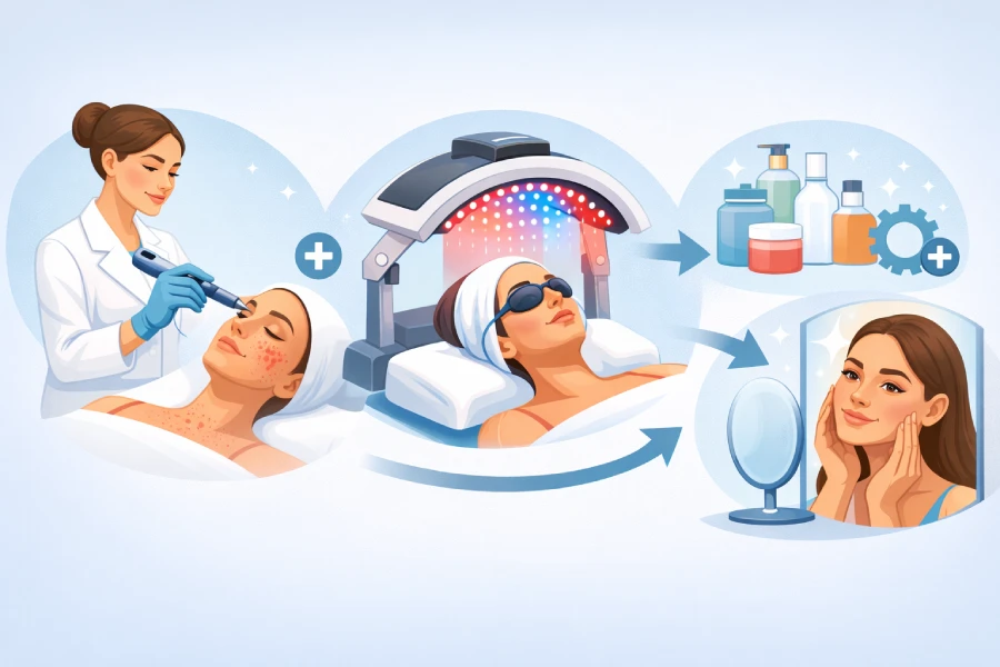 Combining LED therapy with microneedling treatments to support post-treatment recovery, calmer-looking skin, and professional skincare results