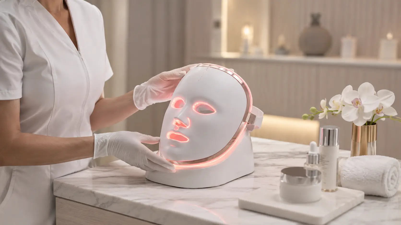 Esthetician reviewing at-home LED therapy device specifications for client recommendation in a professional treatment room