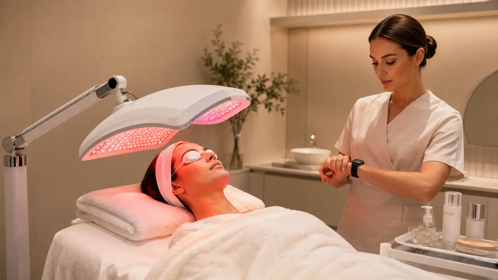 Licensed esthetician positioning a professional LED therapy panel above a client's face during a facial treatment, client wearing protective eyewear