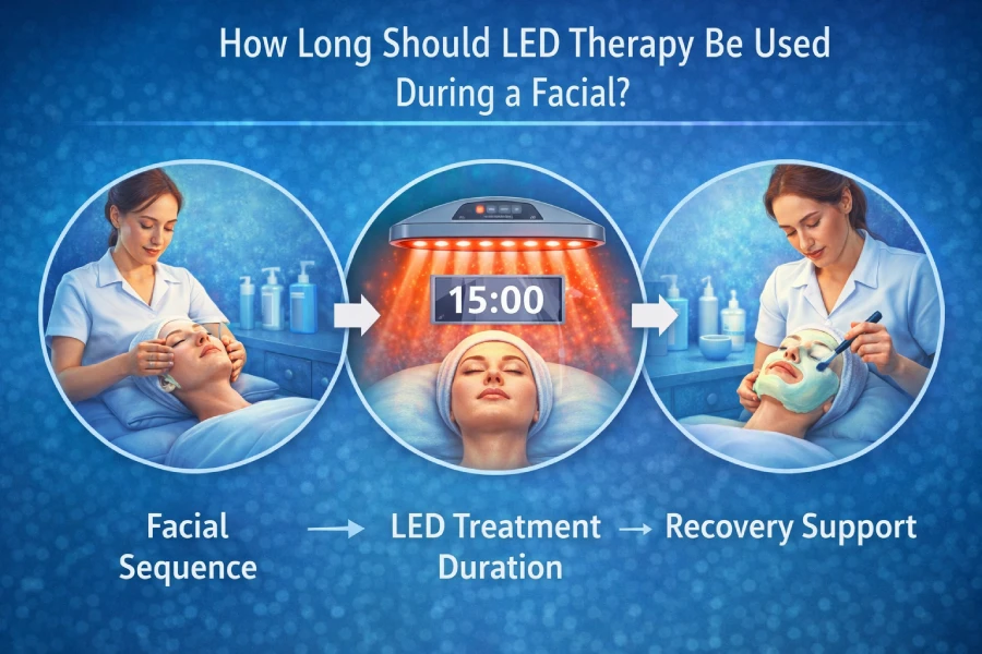 Professional LED therapy timing during a facial showing treatment duration, sequencing, and recovery support for estheticians