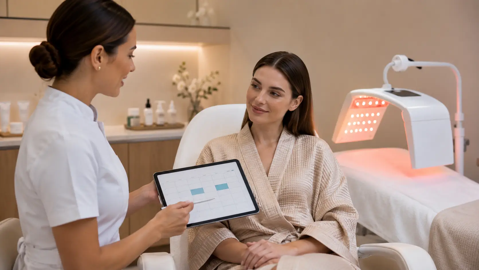 Esthetician reviewing LED therapy treatment series schedule with client in a professional treatment room, LED panel visible in background