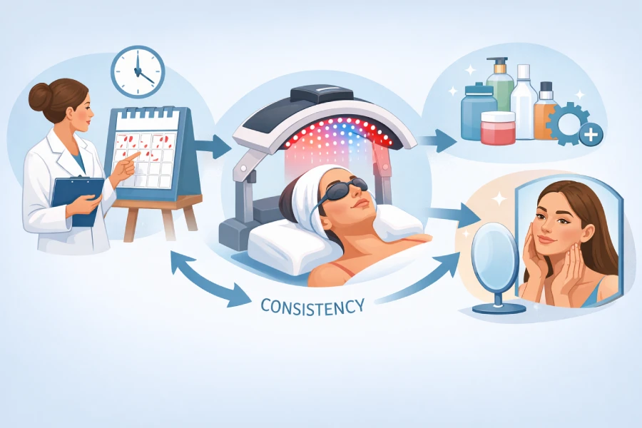 LED light therapy treatment frequency for clients showing professional scheduling, consistency, and maintenance planning in skincare