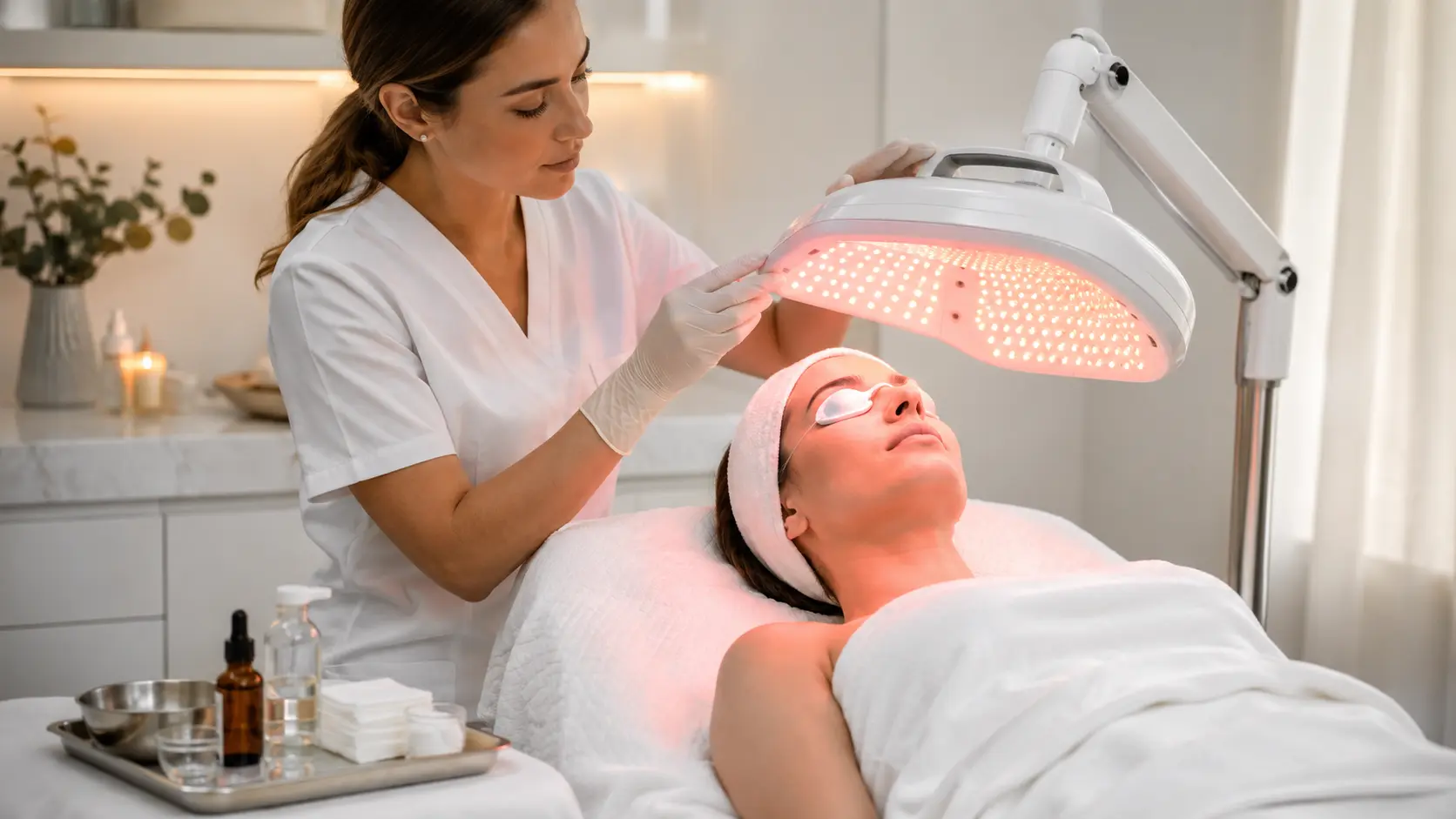 Licensed esthetician positioning a professional LED panel over a client's face in a clinical treatment room during a post-chemical-peel recovery session