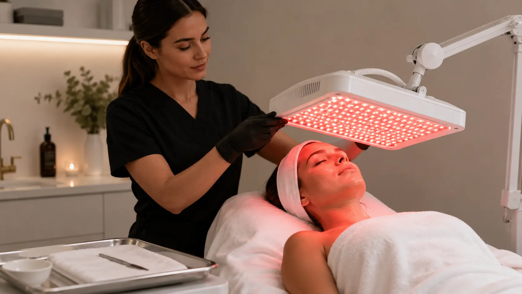 Professional esthetician applying LED light therapy to a client immediately after dermaplaning in a clinical esthetic treatment room