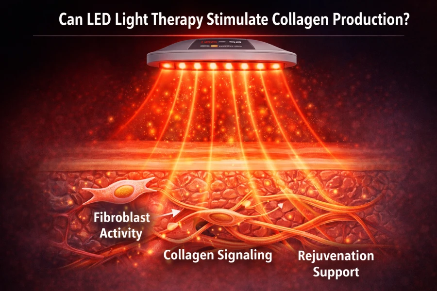 LED light therapy for collagen production showing red light support for fibroblast activity and rejuvenation-focused treatment protocols