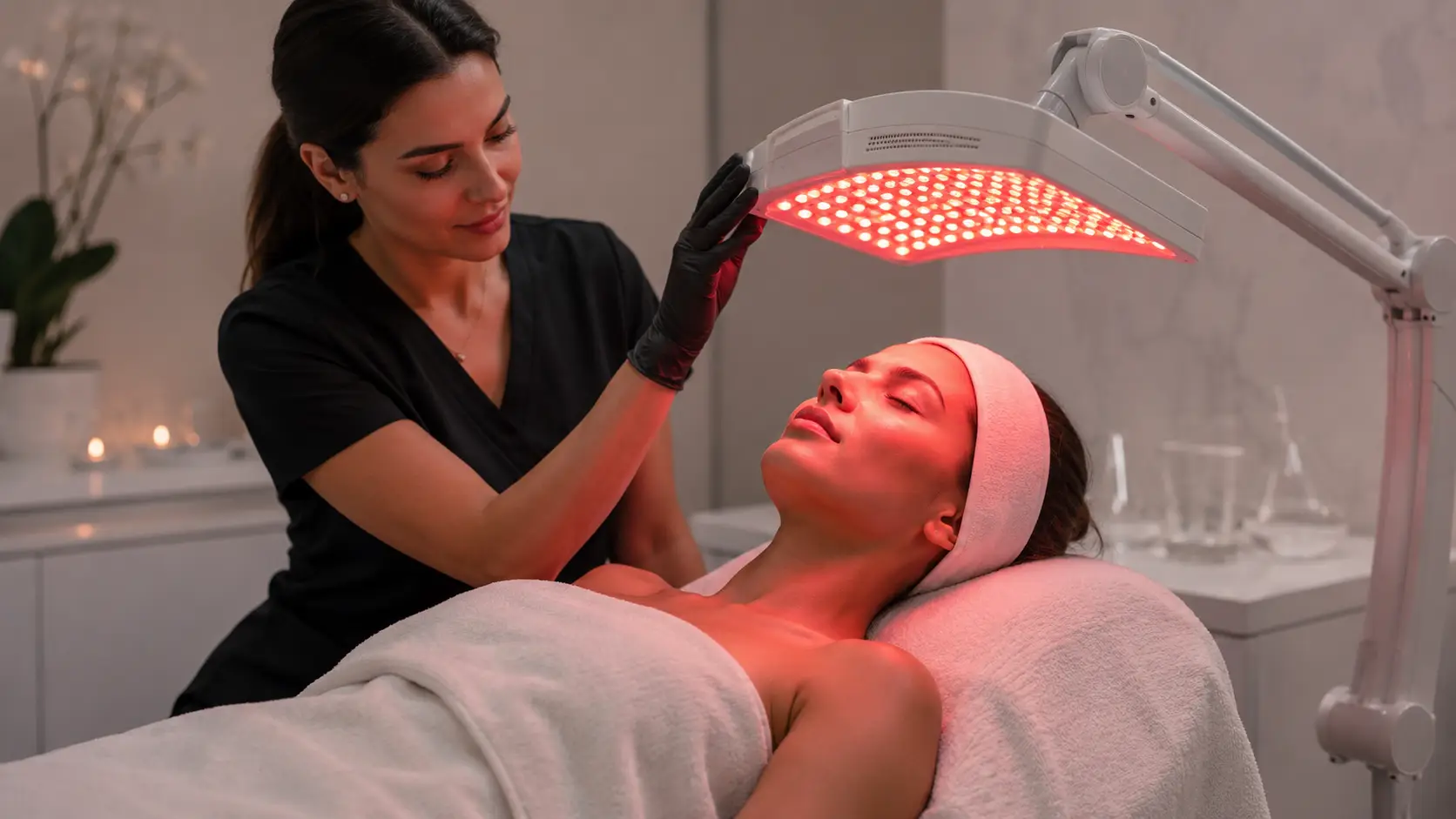 Esthetician administering professional LED light therapy panel treatment in a clinical skincare setting