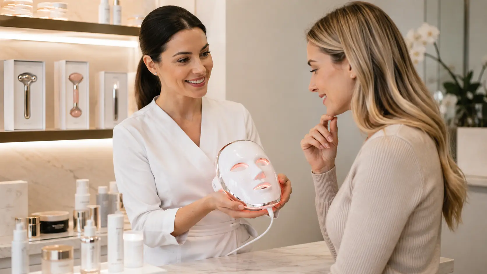 Esthetician presenting an at-home LED therapy device to a client at the reception desk of a professional spa