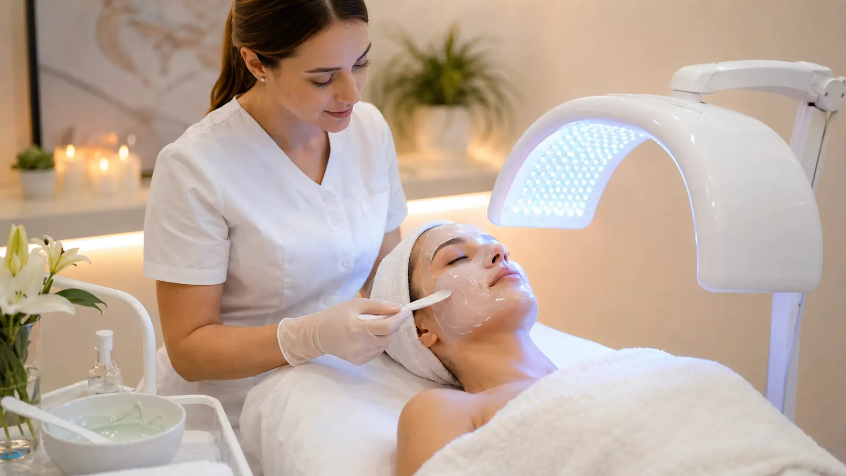 Professional esthetician positioning an LED panel device over a client wearing a translucent rubber jelly mask in a clinical treatment room
