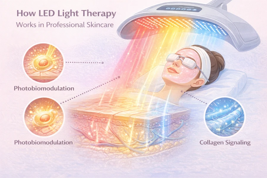 LED light therapy in professional skincare showing photobiomodulation process stimulating skin cells and collagen-related treatment support