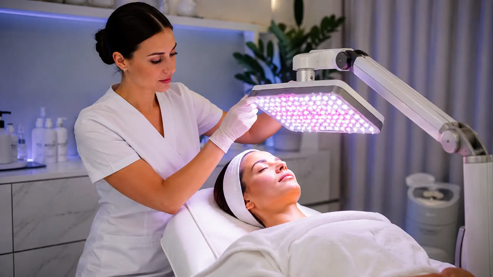 Professional esthetician administering LED light therapy treatment in a clinical spa environment