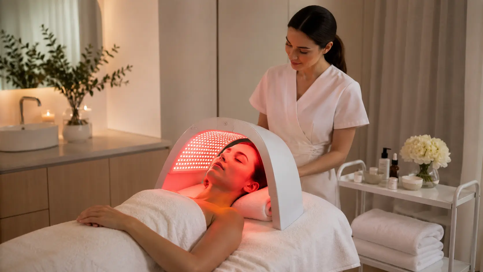 Licensed esthetician administering LED light therapy panel treatment to a client in a clinical treatment room as a post-treatment recovery step