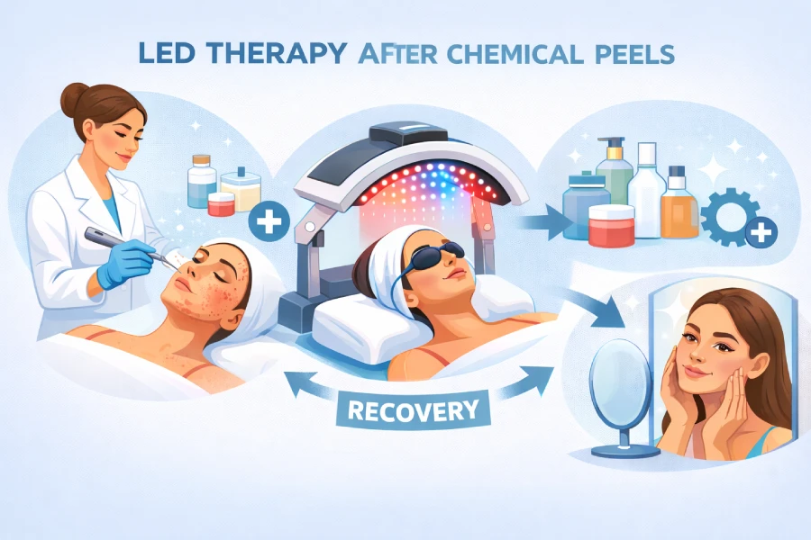 LED therapy after chemical peels to support post-treatment recovery, calmer-looking skin, and professional skincare results