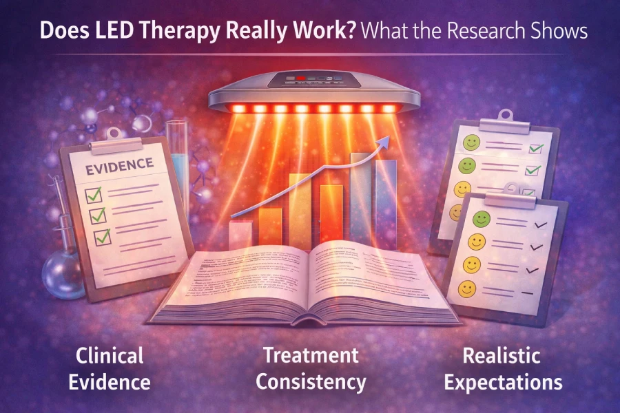 LED therapy research illustration showing clinical evidence, treatment consistency, and realistic expectations in professional skincare