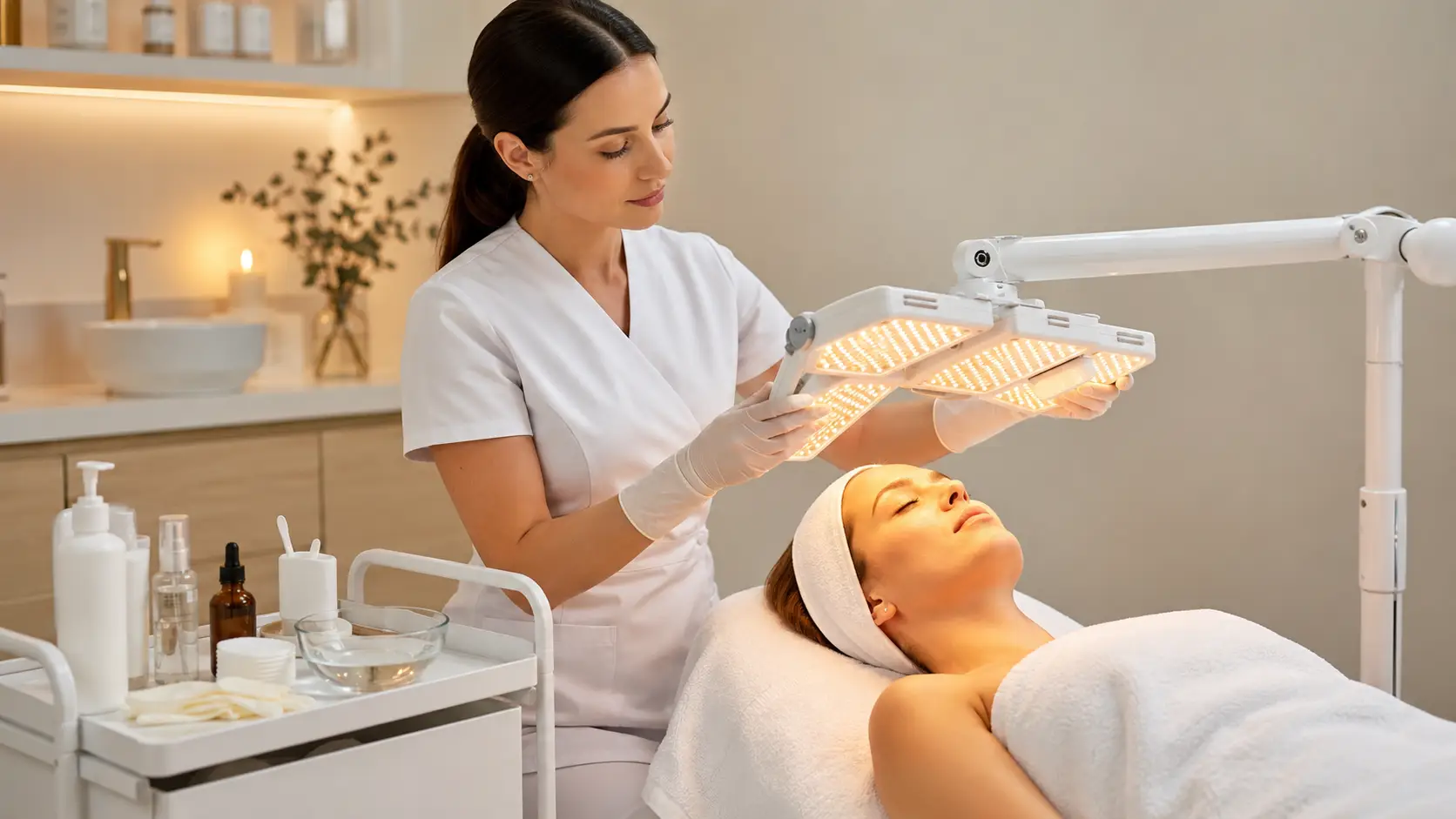 Esthetician positioning a professional LED panel over a client during a structured LED light therapy facial protocol