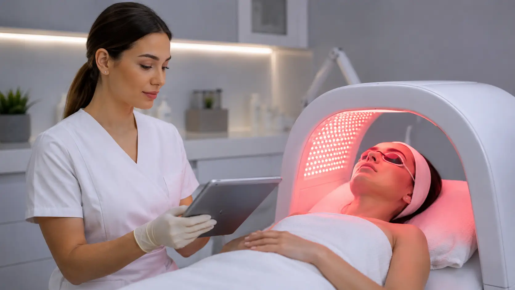 Professional esthetician reviewing LED therapy clinical research documentation in a clinical skincare office setting