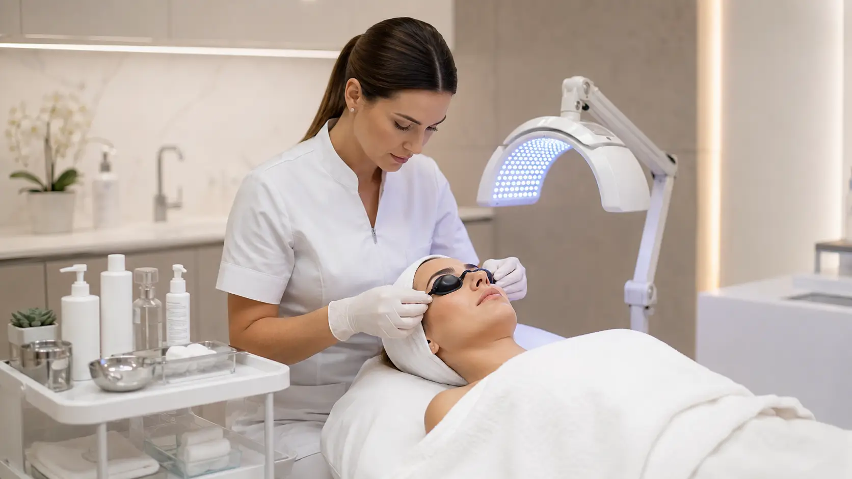 Professional esthetician reviewing LED therapy safety intake documentation with a client in a clinical treatment room