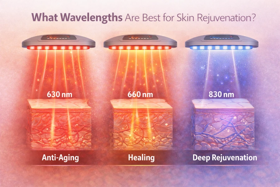 LED wavelengths for skin rejuvenation showing 630nm, 660nm, and 830nm penetration levels and treatment focus