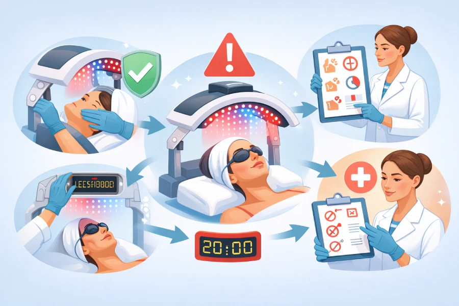 Professional safety guidelines for LED light therapy showing device handling, treatment precautions, and safe exposure timing in skincare