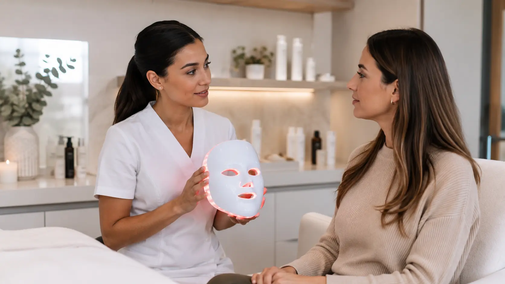 Esthetician consulting with a client during a professional skincare appointment about at-home LED therapy device options