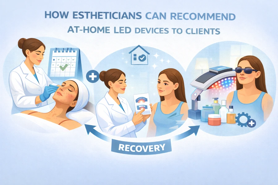 Estheticians recommending at-home LED devices to clients for ongoing maintenance and treatment consistency between facial appointments