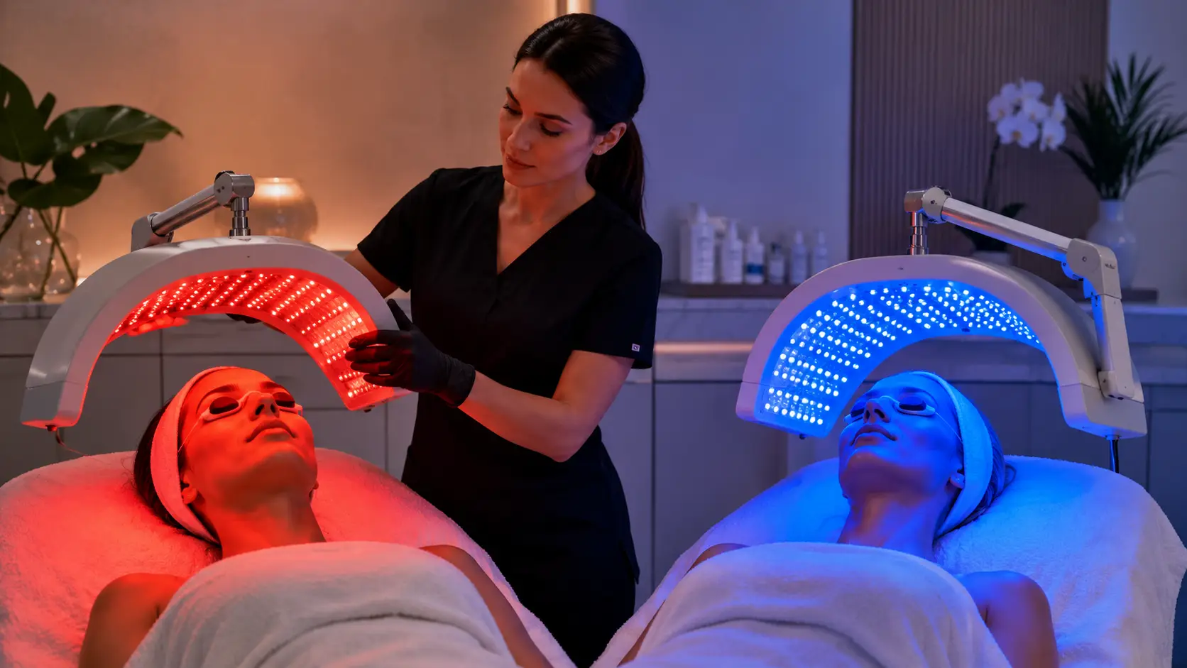 Professional LED therapy device displaying red and blue wavelength channels side by side in a clinical esthetic treatment room