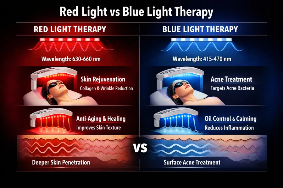 Comparison of red light and blue light therapy in professional skincare showing wavelength differences and treatment applications