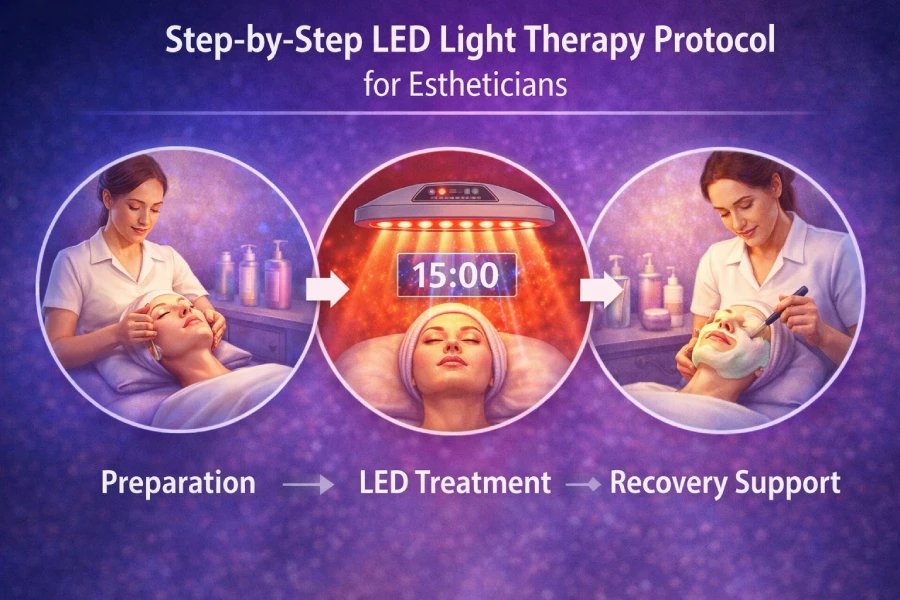 Step-by-step LED light therapy protocol for estheticians showing professional facial treatment preparation, timing, and recovery support
