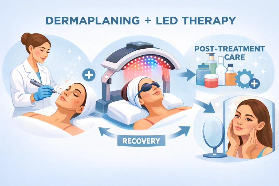 Using LED light therapy after dermaplaning to support post-treatment recovery, calmer-looking skin, and professional skincare results