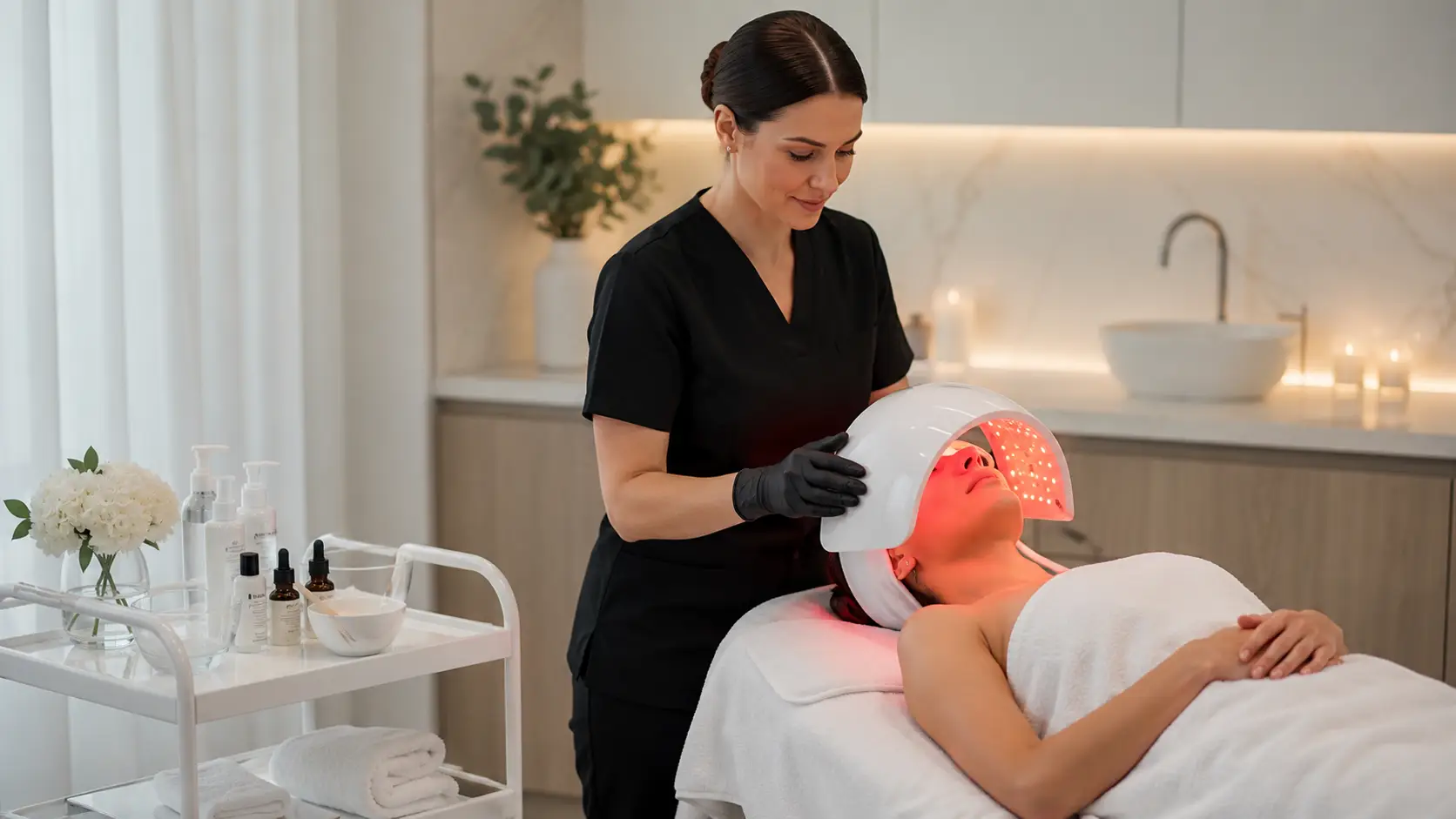 Licensed esthetician positioning a professional LED therapy panel over a client during a facial treatment sequence