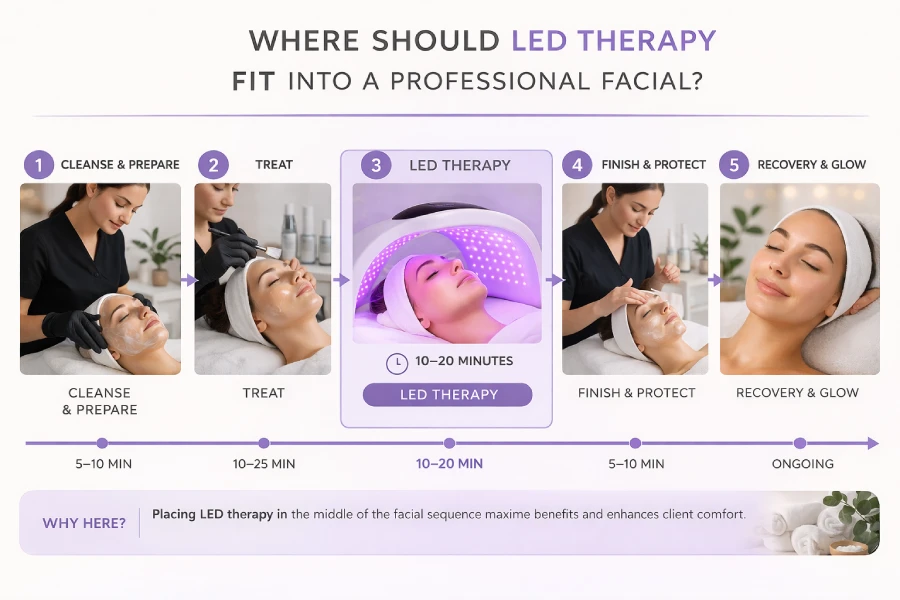 Where LED therapy fits into a professional facial showing treatment sequencing, timing, and recovery support for estheticians
