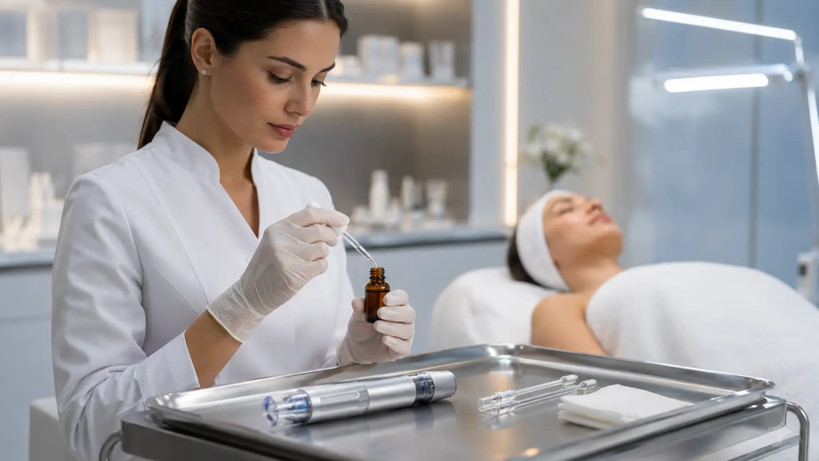 Licensed esthetician preparing exosome serum for application immediately following microneedling in a professional clinical treatment room