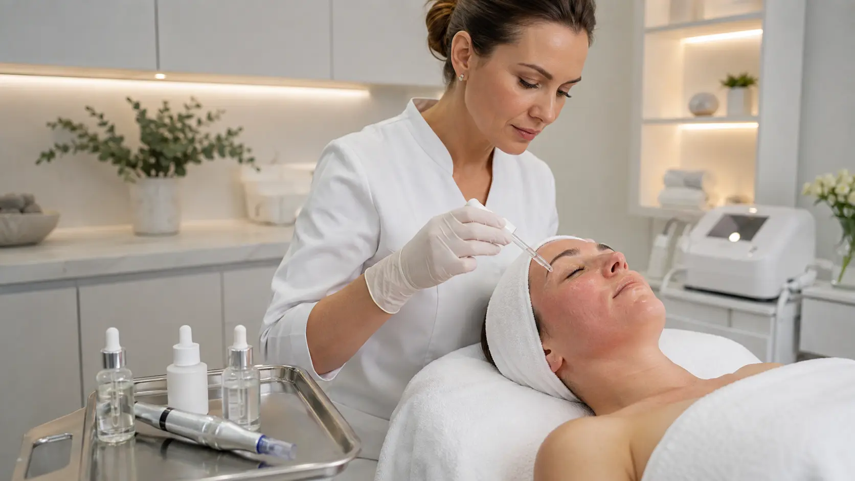 Licensed esthetician applying growth factor serum during a professional microneedling treatment in a clinical treatment room