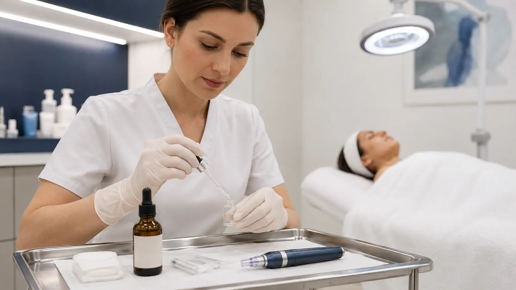 Professional esthetician preparing a peptide serum for application during a microneedling collagen induction therapy session