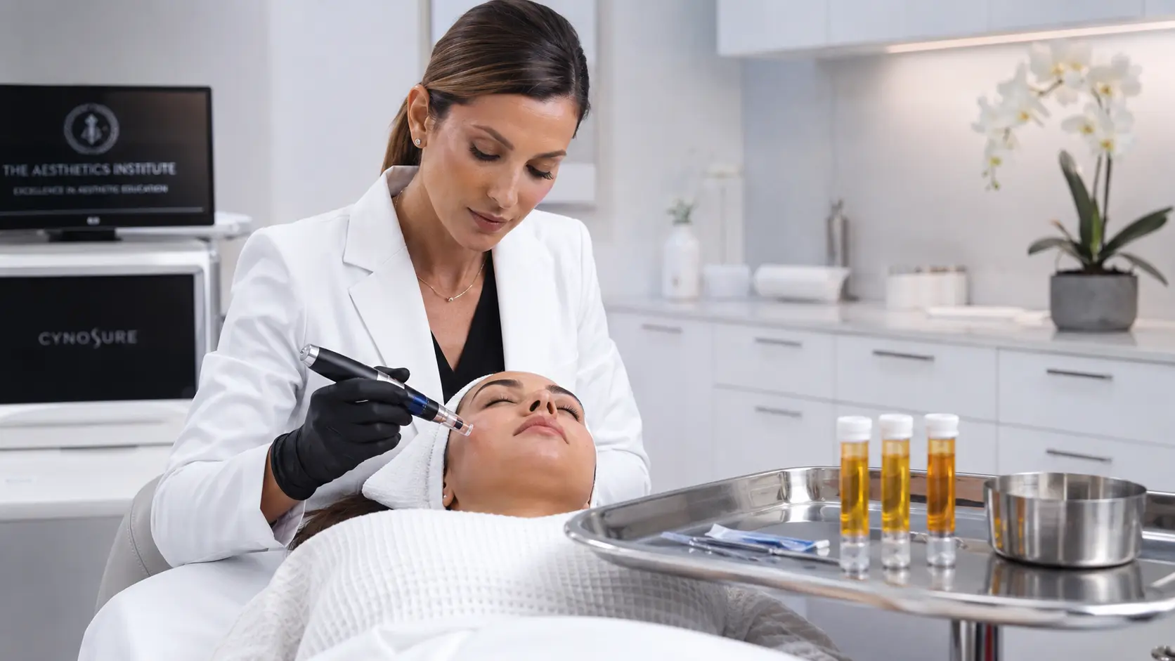 Licensed medical professional performing a microneedling with PRP treatment in a clinical setting, with centrifuged PRP tubes visible on a sterile tray