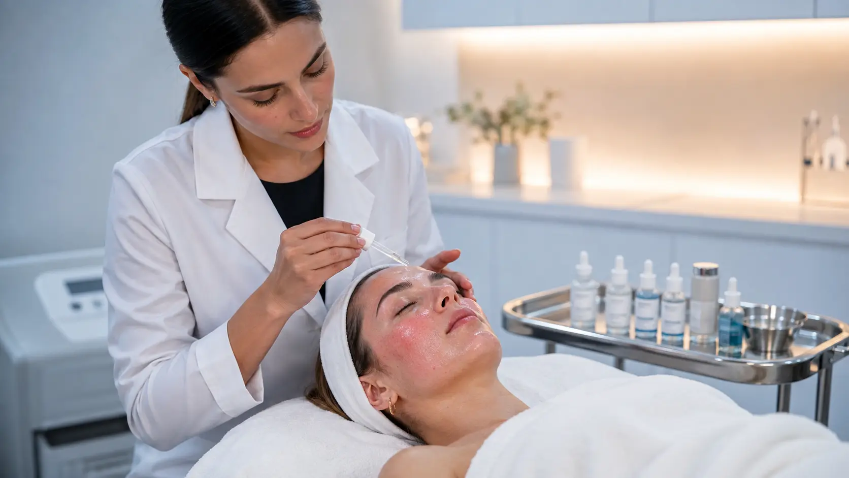 Professional esthetician applying post-microneedling hydration serums in a clinical treatment room setting
