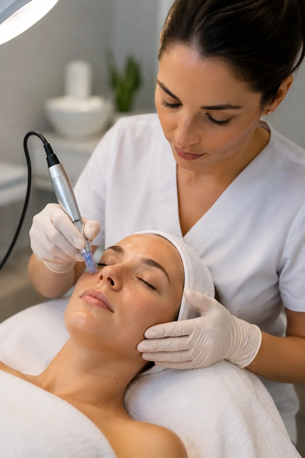 Microneedling treatment room with advanced skincare tools LED therapy device and professional protocol products